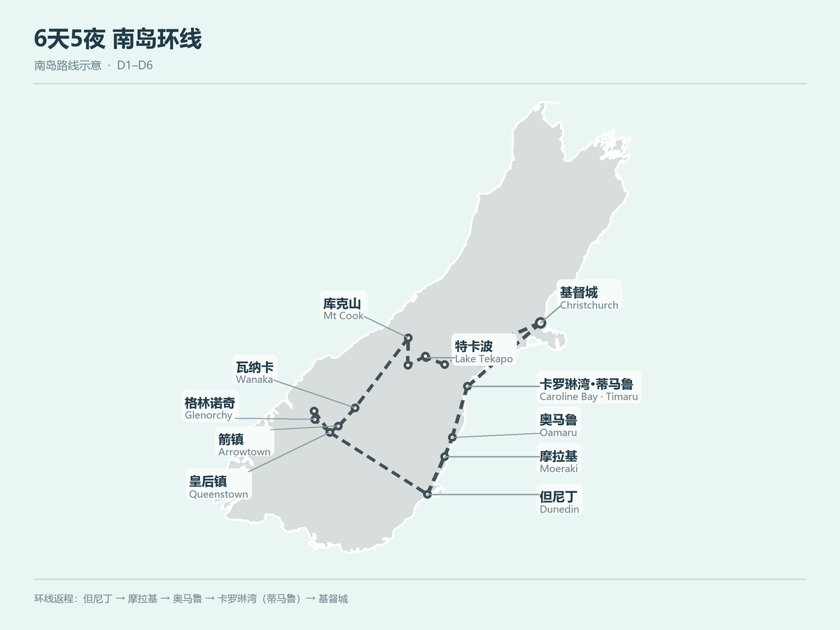 6天5夜南岛环线路线图：基督城、特卡波、库克山、瓦纳卡、箭镇、皇后镇、格林诺奇、但尼丁、摩拉基、奥马鲁及卡罗琳湾