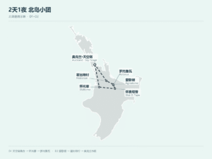 新西兰北岛2天1夜路线示意图：奥克兰天空塔出发，经怀托摩、怀奥塔普、罗托鲁瓦、爱歌顿和霍比特村返回奥克兰