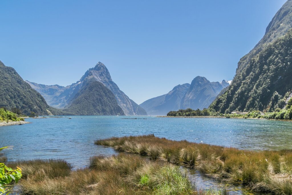 米尔福德峡湾的高耸山壁与海面